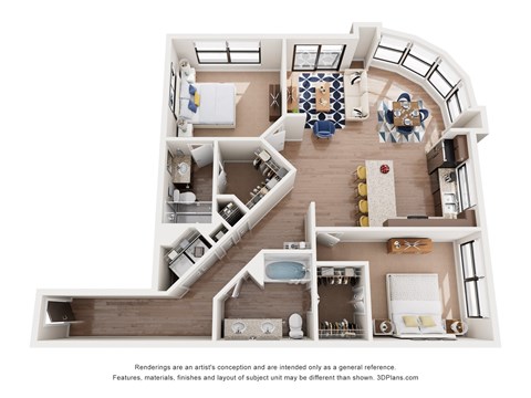 A 3D floor plan of a house with a kitchen, living room, dining room, and bathrooms.